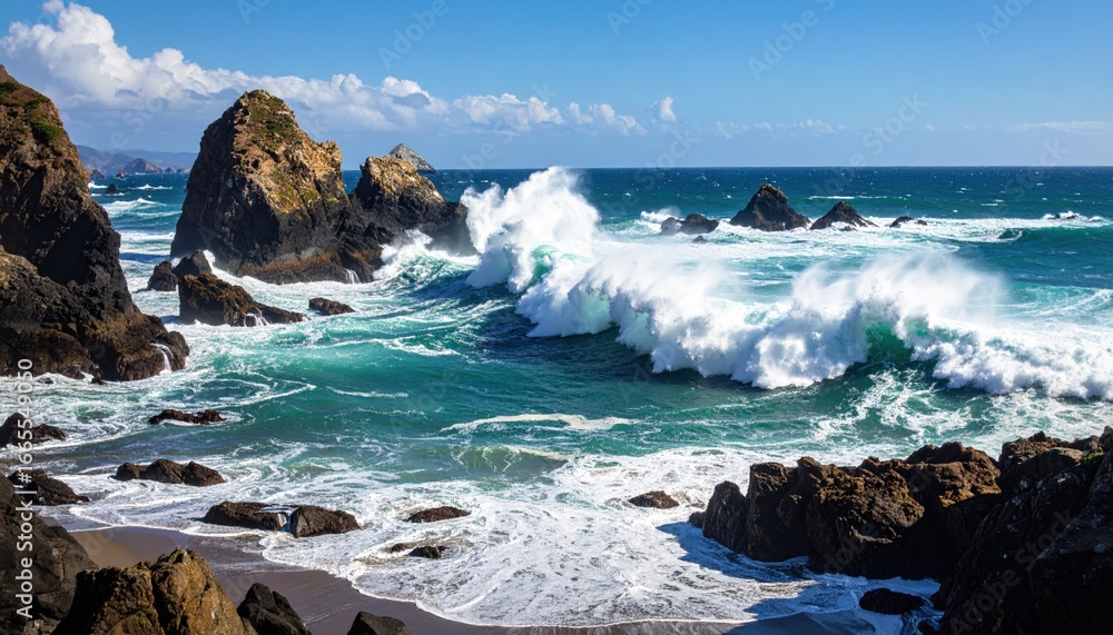 Obraz premium Crashing waves against rocky coastline under a vibrant blue sky