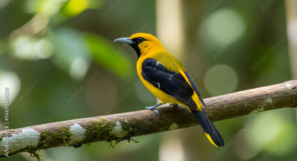 Naklejka premium A vibrant yellow oriole perches gracefully on a mossy branch against a softly blurred backdrop of lush green foliage capturing nature's beauty and avian elegance in a serene moment