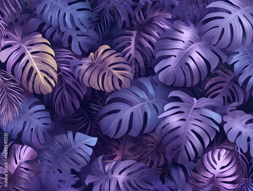 Vibrant Purple Tropical Leaves Background Lush Monstera and Palm Foliage