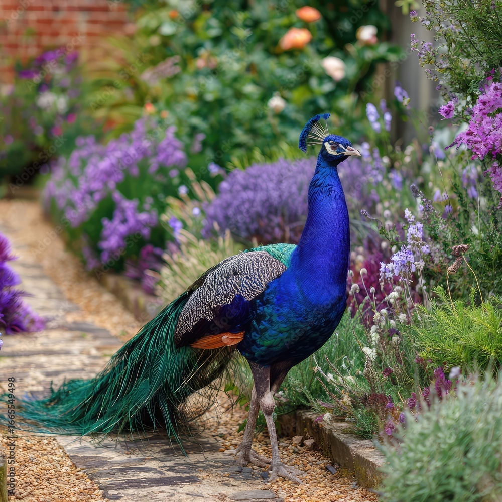Obraz premium Stock image of a peacock walking proudly through a garden -