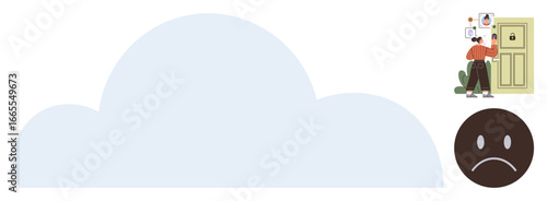 Individual attaching paper to door, nearby frowning face icon and cloud shape. Ideal for communication, grievance, announcement, notification, decision, mood message. Simple flat metaphor