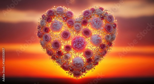 Heart-shaped Floral Arrangement with Pink Roses and White Flowers at Sunset