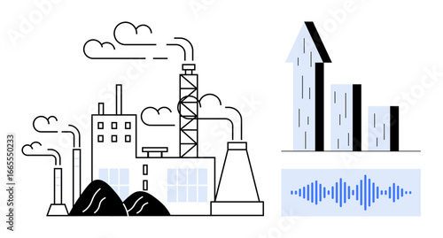 Factory producing emissions through chimneys alongside a rising bar graph and audio frequency data. Ideal for energy production, industrial growth, environmental issues, business analytics