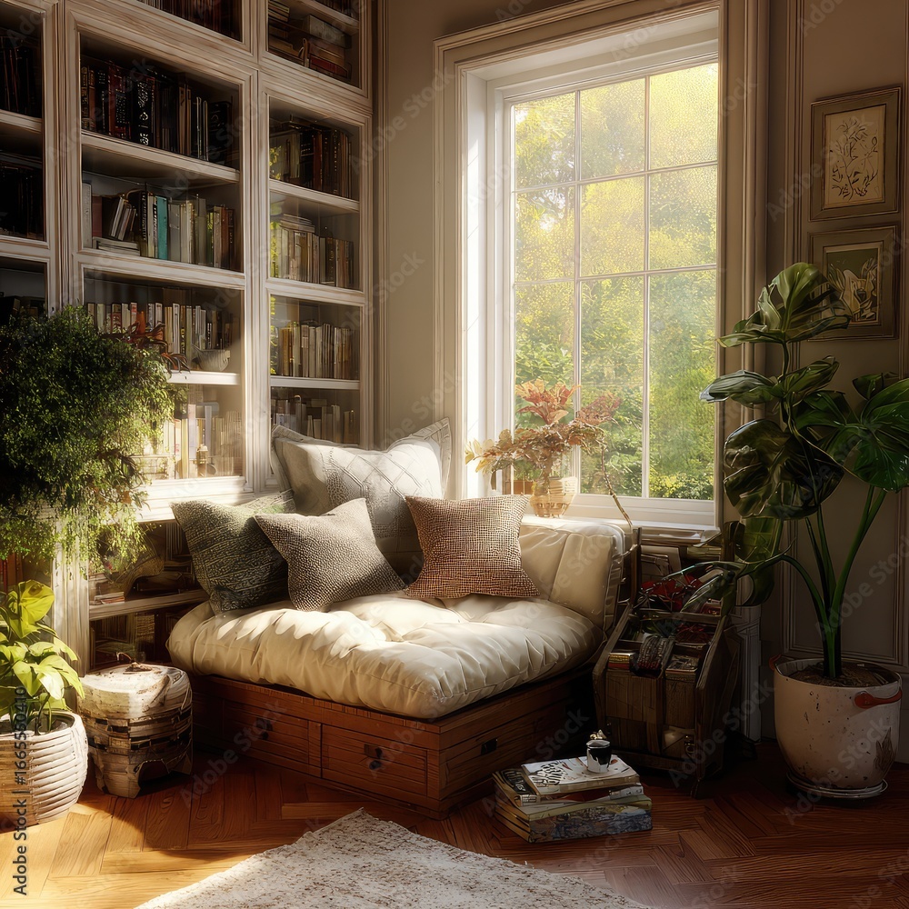 Obraz premium A cozy reading nook by a window with soft sunlight -