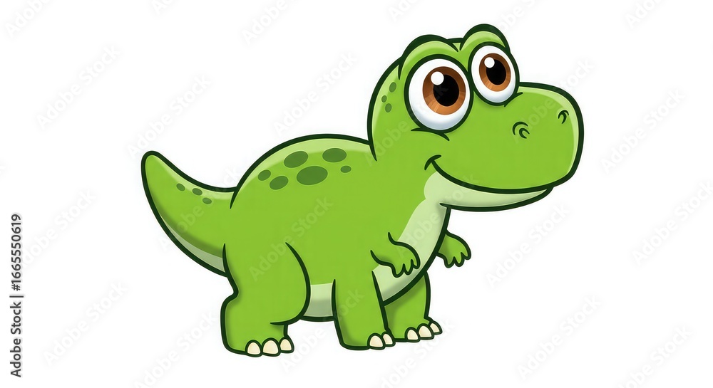 Naklejka premium Cartoon illustration of a cute green dinosaur with spots and big eyes.