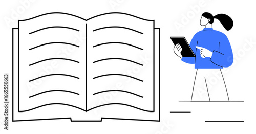 Open book with visible text lines next to a woman holding a tablet device and pointing. Ideal for education, e-learning, online study, digital transformation, modern technology, reading, simple
