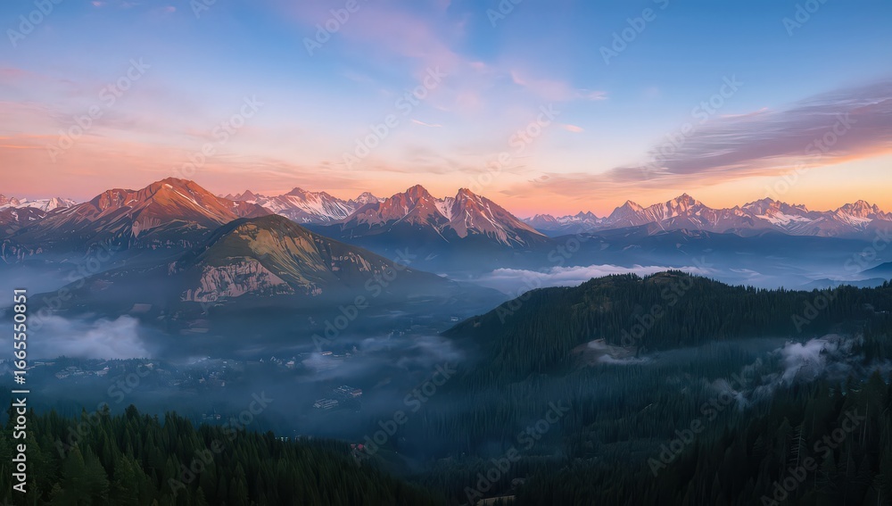 Obraz premium Aerial view of mountain range with snow capped peaks and valley filled with fog at sunrise or sunset