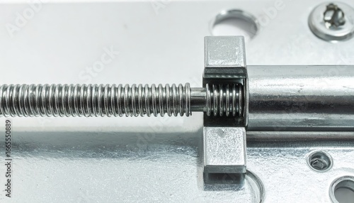 Close-up of a lead screw mechanism with a threaded rod, nut, and metal housing