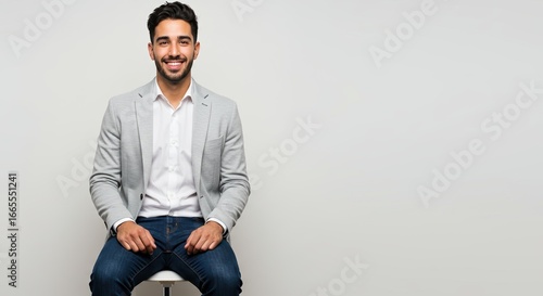 Smiling young man in casual business attire sitting on stool against plain background, showing confident and friendly professional demeanor, wearing grey blazer, white shirt, and blue jeans.
