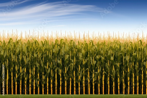 Tall wooden fence made of corn, green leaves, and blue sky background, overhead view of endless cornfield under sunlight