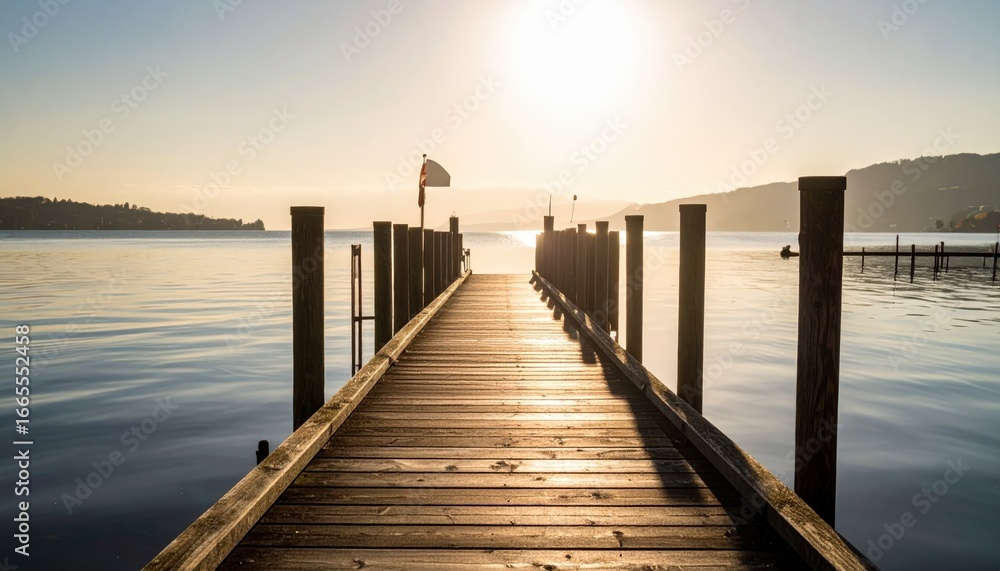 Fototapeta premium Wooden pier stretches into a calm lake at sunrise, bathed in golden light