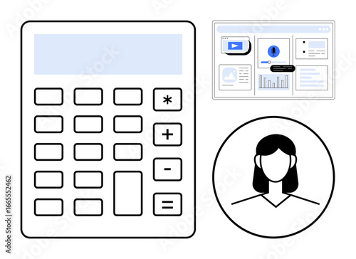 Calculator beside user profile and online analytics dashboard showcasing finance, data analysis, and digital process management. Ideal for finance, business, technology, analytics, statistics