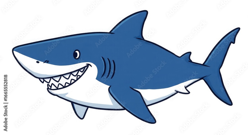 Obraz premium A friendly cartoon great white shark with a big smile and sharp teeth swimming in the ocean.