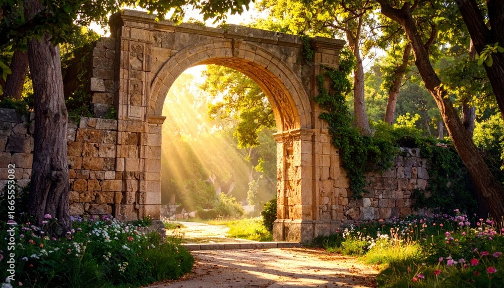 Obraz premium Sunbeams illuminate a stone archway nestled within a lush, tranquil garden setting