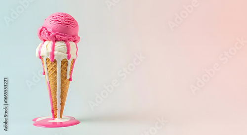 A delicious pink strawberry ice cream scoop melting down a crispy waffle cone against a colorful pastel gradient background with copy space