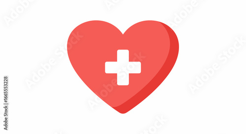 A vibrant red heart icon with a white medical cross symbol centered, representing health, care, and well-being.