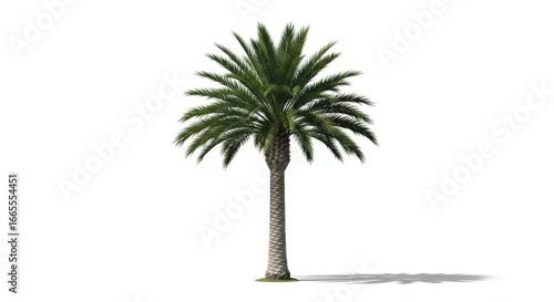 Palm Tree with Large Green Fronds Standing Alone Against White Background
