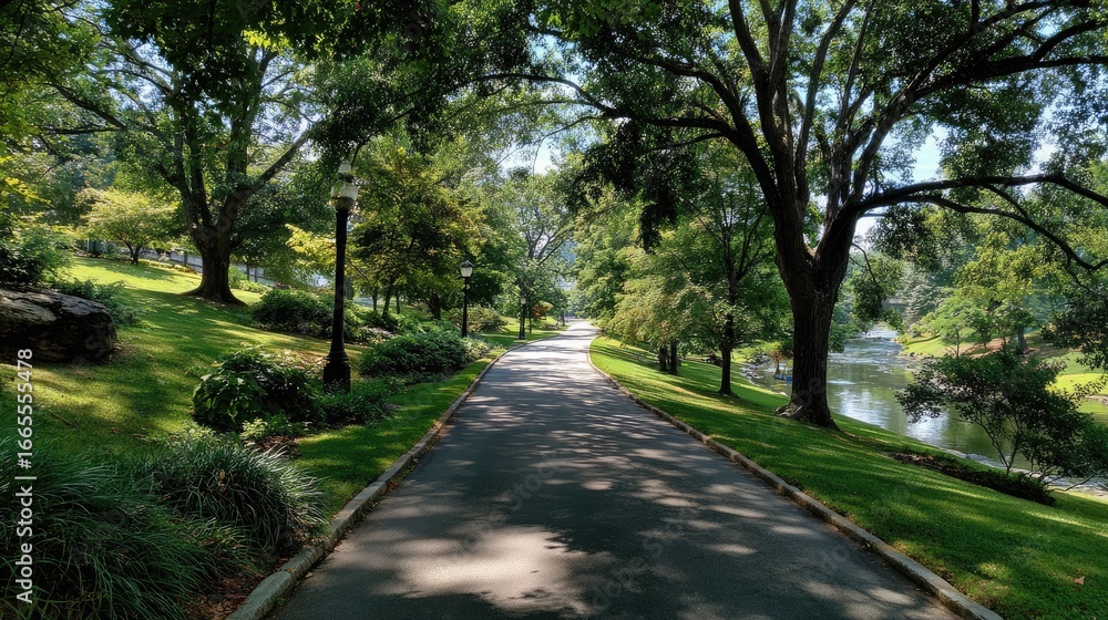 Fototapeta premium Sun-dappled path winding through a lush green park alongside a calm river