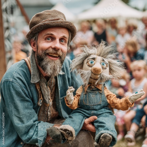 A smiling puppeteer performing for children at a festival. 