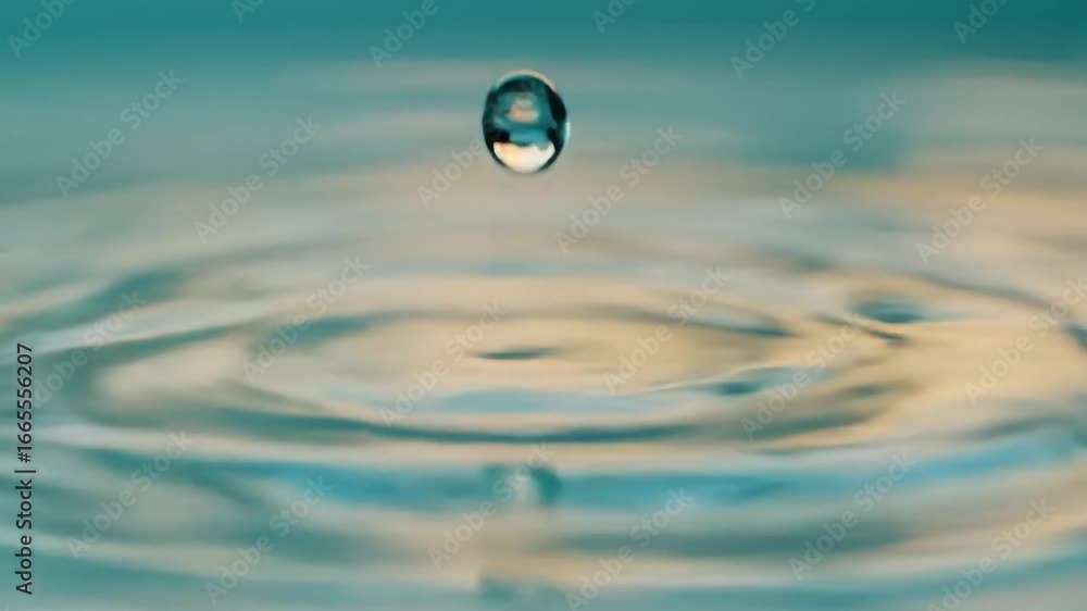 Serene Beauty of a Single Water Droplet Falling and Creating Ripples on the Surface of a Tranquil Blue and Teal Water Body Serene Beauty of a Single Water Droplet Falling and Creating Ripples on the Surface of a Tranquil Blue and Teal Water Body