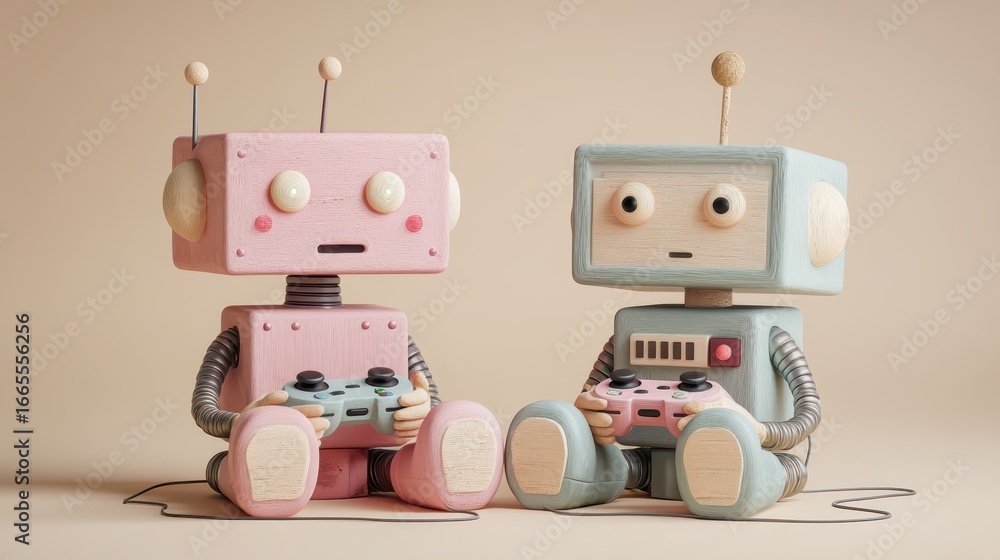 Naklejka premium Living together in AI digital world, Two cute retro toy robots playing video games with controllers
