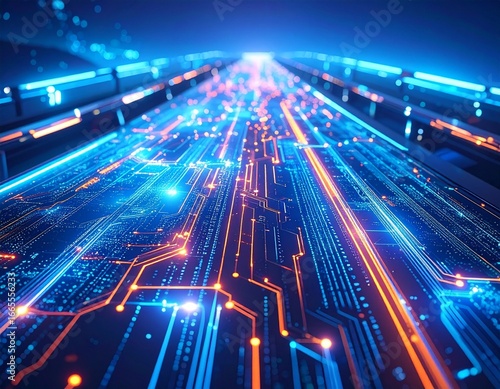 Futuristic glowing circuit board with vibrant blue and orange light trails, symbolizing technology, digital innovation, and high-speed data connections.