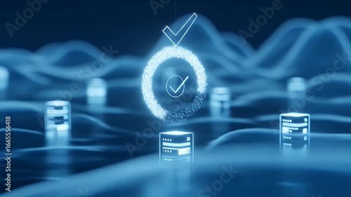 Abstract server silhouettes brighten as a progress ring around a floating cloud reaches completion; a tiny check appears to imply uptime health at a glance