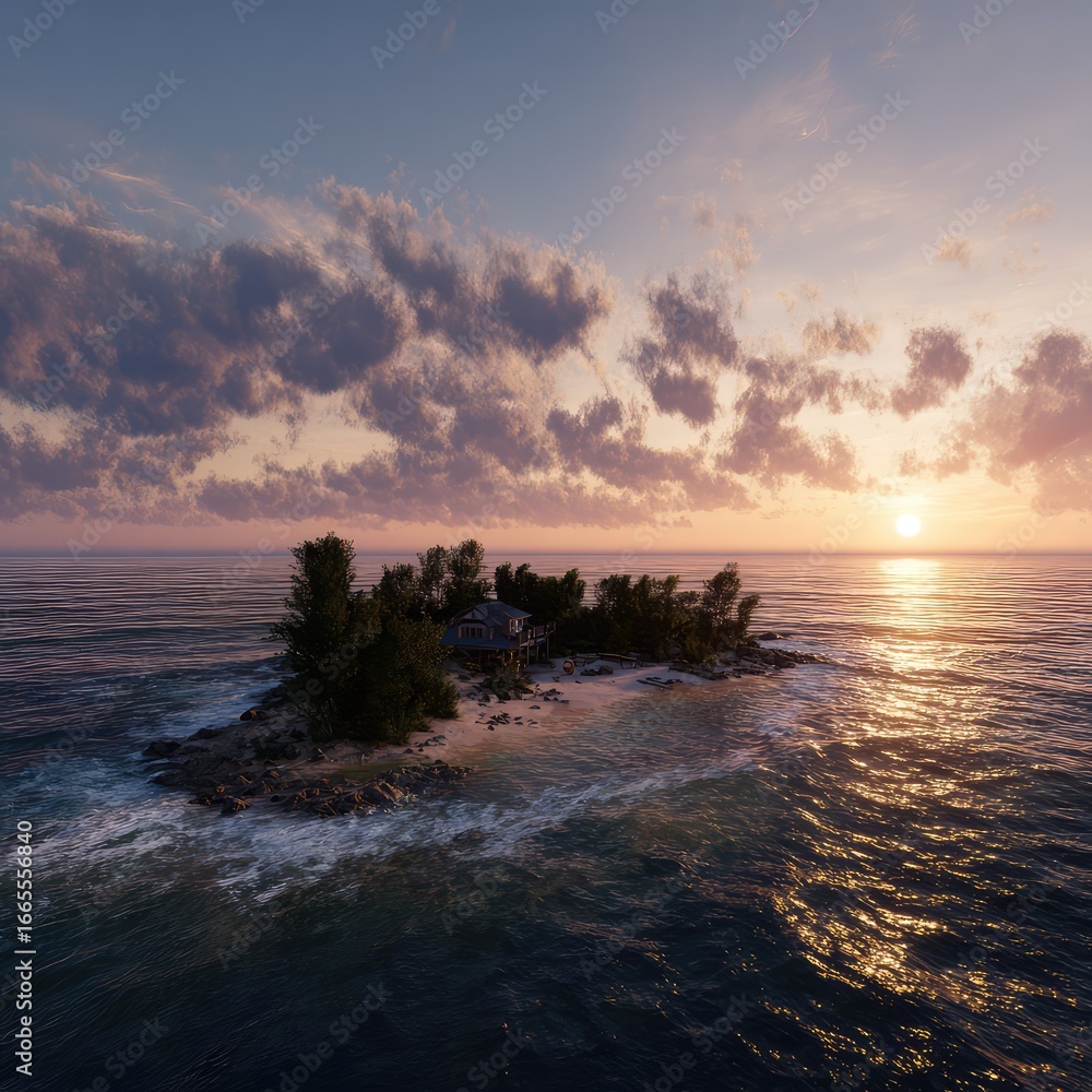 Fototapeta premium Sunset over a peaceful private island 140 with calm ocean waves. --