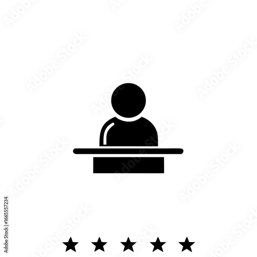 Speaker vector icon isolated on yellow background. Orator speaking from tribune illustration. Public speaking clipart. Simple flat narrator pictogram.
