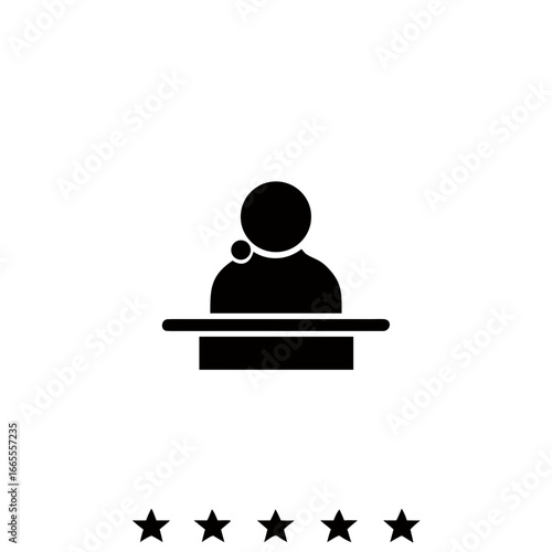 Speaker vector icon isolated on yellow background. Orator speaking from tribune illustration. Public speaking clipart. Simple flat narrator pictogram.
