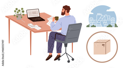Man sitting at desk reviewing papers with coffee and laptop, nearby box and mall icon. Ideal for e-commerce, business management, logistics, retail, decision-making, entrepreneurship, simple flat