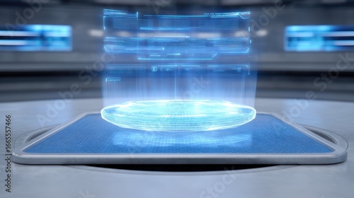 Wallpaper Mural Futuristic blue hologram projection in a modern technology setting Torontodigital.ca