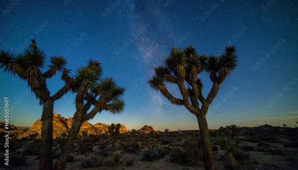 Obraz premium Joshua trees silhouetted against a vibrant starry night sky with the Milky Way