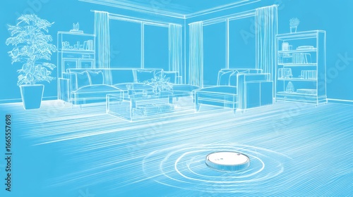 Living together in AI digital world, Modern living room interior with robotic vacuum cleaner on wooden floor