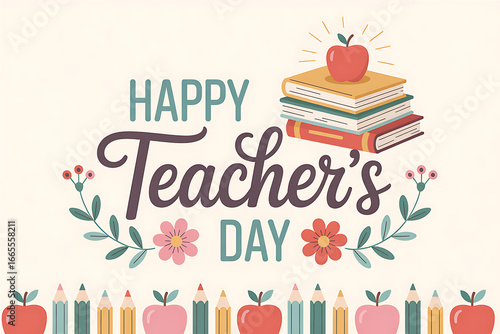 A vibrant Happy Teachers Day shows books, apple, flowers, pencils, and leaves