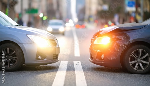 Two cars involved in a front-end collision on a city street with blurred traffic in the background