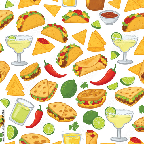Festive vector pattern showcases colorful Mexican cuisine: tacos, nachos, burritos, quesadillas, chili peppers, limes, and margarita glasses repeating on a white backdrop.