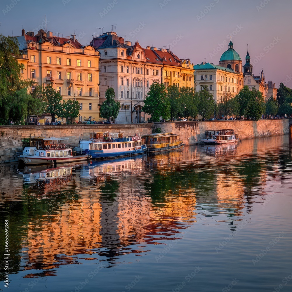 Obraz premium A serene view of Prague 123 at sunset with the Vltava River in the foreground -