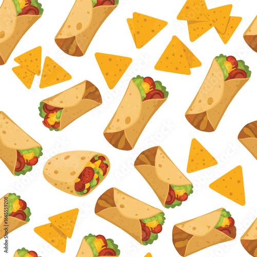 Vibrant vector seamless pattern features delicious Mexican burritos wrapped in tortillas and crunchy nachos with melted cheese, rendered in a modern flat illustration on a white background.