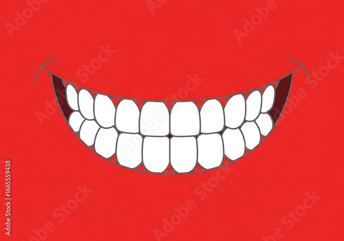 Cartoon mouth smiles wide showing shiny white teeth on a bright red background