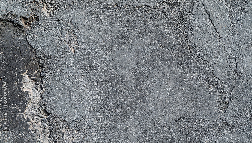 Naklejka premium A close-up view of a weathered, textured gray concrete surface, displaying cracks and variations in tone.