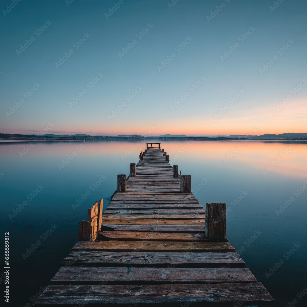 Obraz premium A wooden pier 130 stretching out into calm blue waters at sunset --