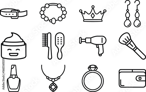 Collection of black and white line art icons for fashion and beauty belt bracelet