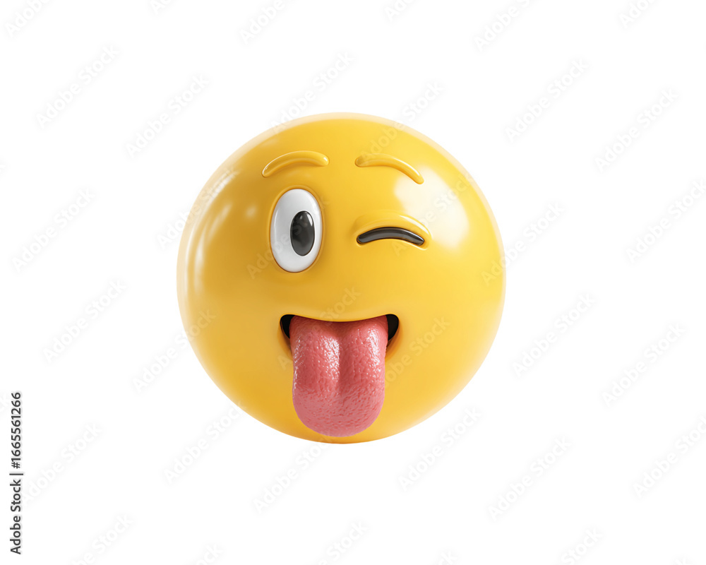 Fototapeta premium 3D Render of a Winking Yellow Emoji With Tongue Out on Transparent Background, PNG