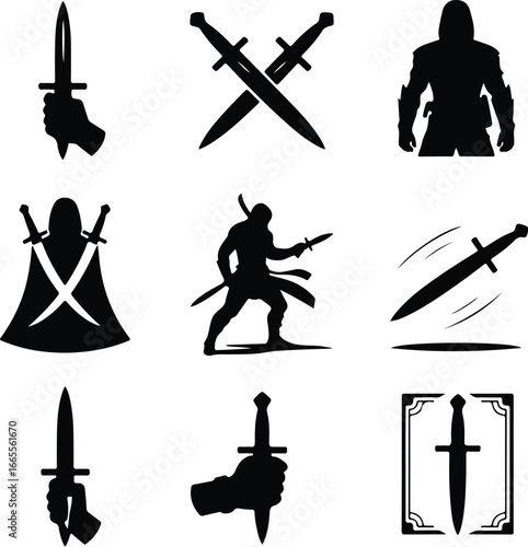 Dagger Silhouette Icon Set – Sharp and Stylish Blades Medieval Dagger Silhouette Collection – Weapon Icon Designs