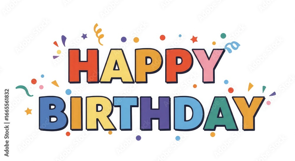 Fototapeta premium Colorful and festive 'Happy Birthday' greeting card with confetti and streamers.