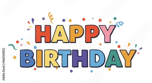 Colorful and festive 'Happy Birthday' greeting card with confetti and streamers.