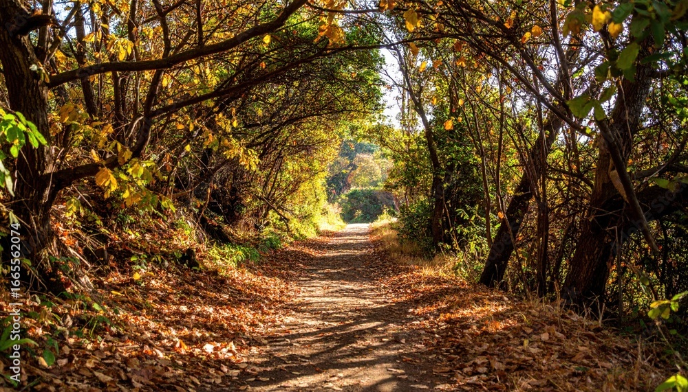 Fototapeta premium Sun-dappled path winds through a tunnel of vibrant autumn foliage