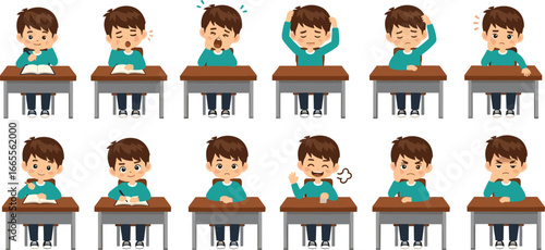 Cartoon boy expressing various emotions in classroom, reading book, learning, bored, confused, happy, angry, studying, education concept, student character illustration