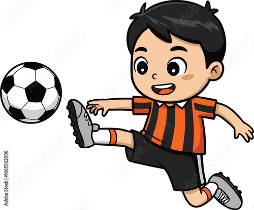 Cartoon boy playing soccer in orange and black uniform, kicking football, sports activity, outdoor game, happy child athlete, team sport illustration